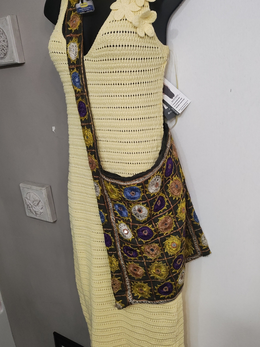 Embroidered Boho Crossbody Yellow Sun🌞Dress W/Black Purse W/ Multicolor Accents